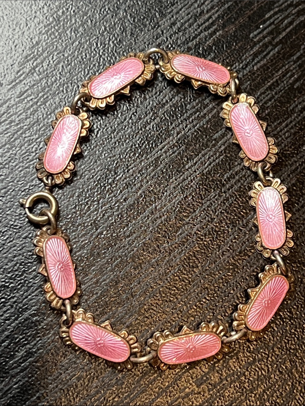 Arne Nordlie Norway Pink Guilloche Enamel 835 925 Sterling Silver Panel Bracelet